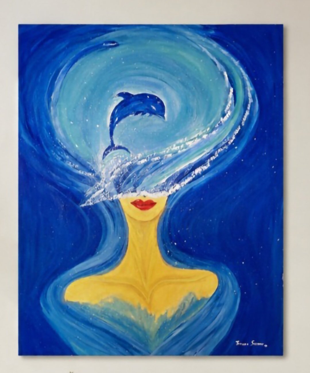 The Sea Remembers Her, an original acrylic painting by contemporary artist Tarana Sumer, displayed in a bright luxury interior.