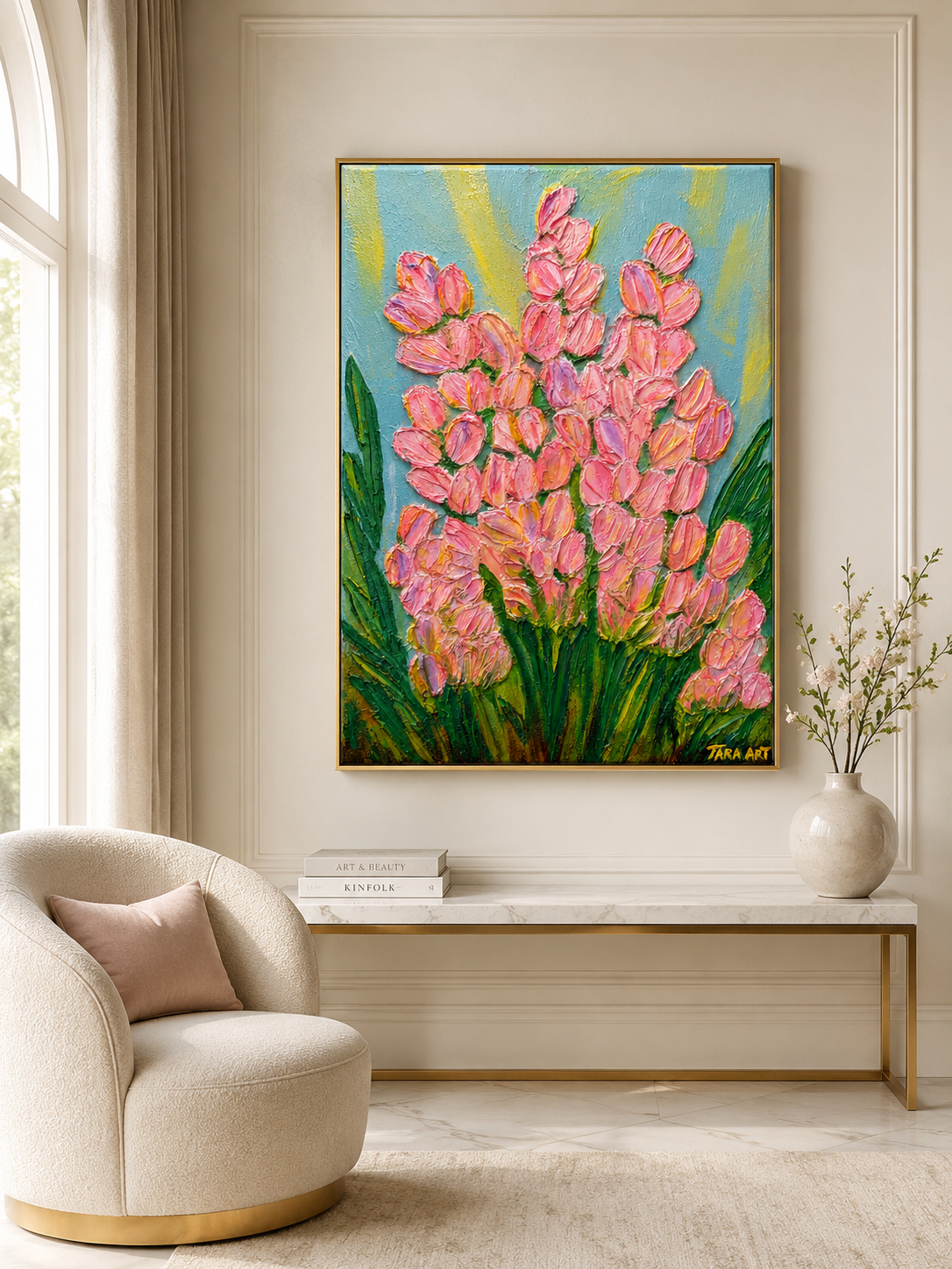 Soft Tulips by Tarana Sumer, original textured acrylic canvas artwork with pink tulips for refined interiors.