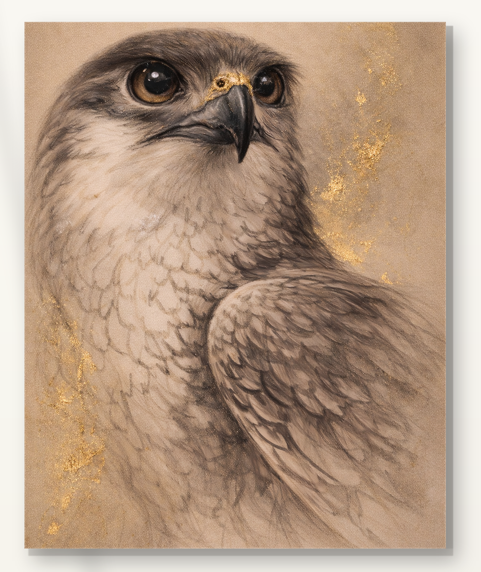 Falcon by Tarana Sumer, limited hybrid fine art canvas print with a noble falcon portrait for refined interiors.