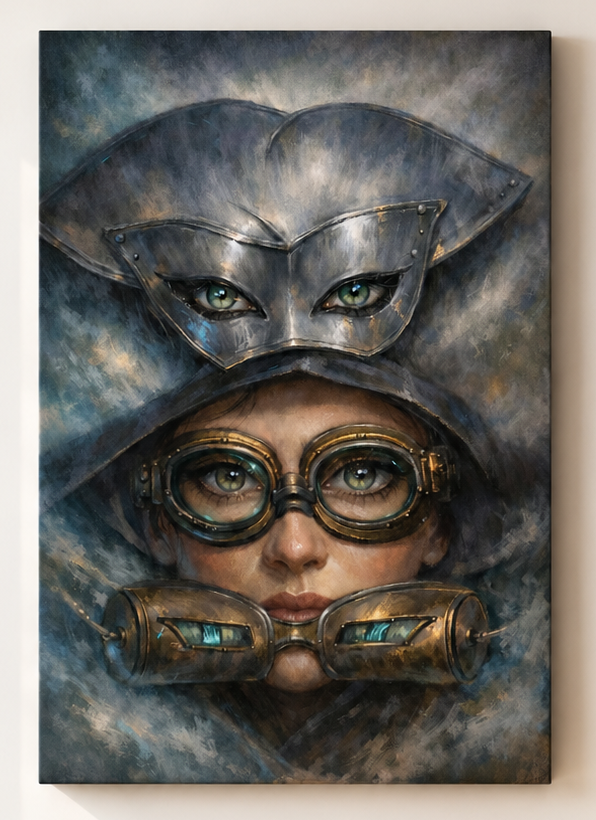 Behind the Mask by Tarana Sumer, limited hybrid fine art canvas print with a mysterious figurative portrait for refined interiors.