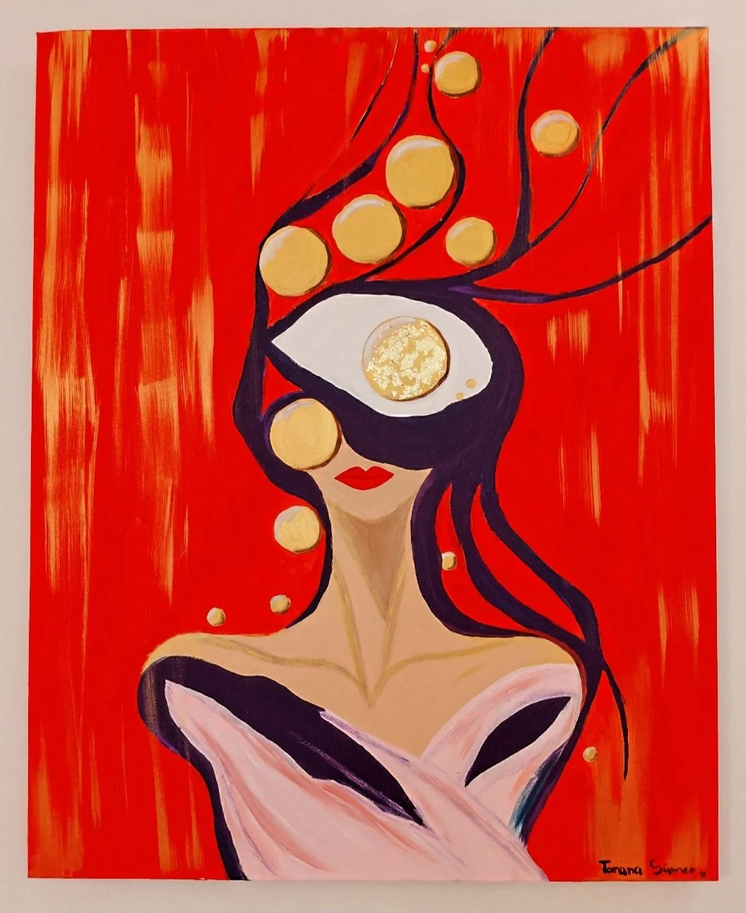 The Gilded Gaze, an original artwork by Tarana Sümer, featuring a veiled woman with a golden eye against a vivid crimson background.