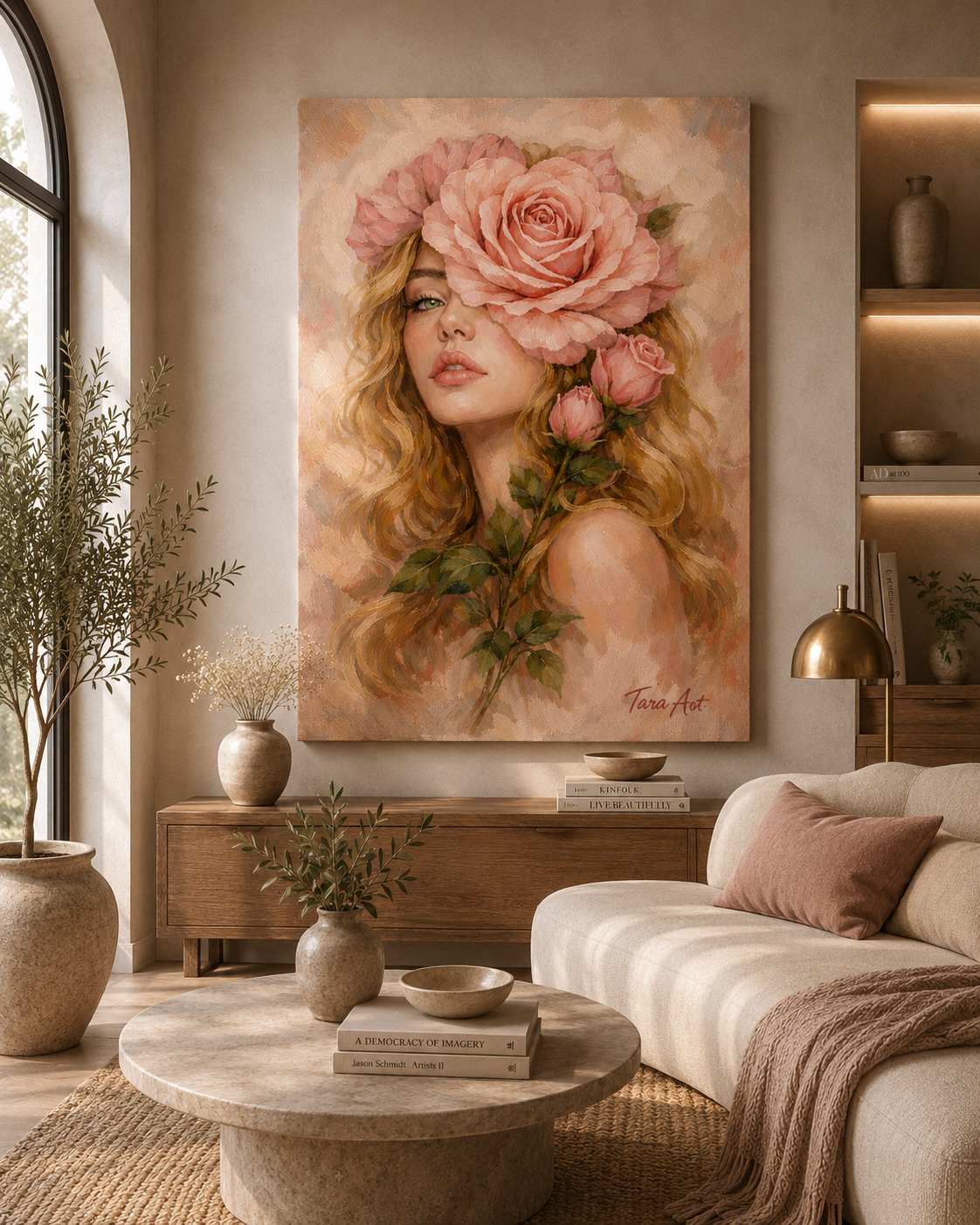 Pink Bloom Veil by Tarana Sumer, limited hybrid fine art canvas print with a soft floral female portrait for refined interiors.