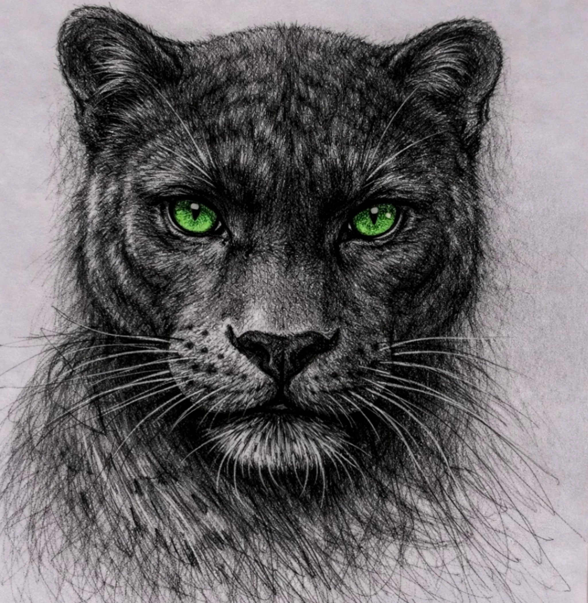Charcoal panther portrait study with green eyes by contemporary artist Tarana Sumer
