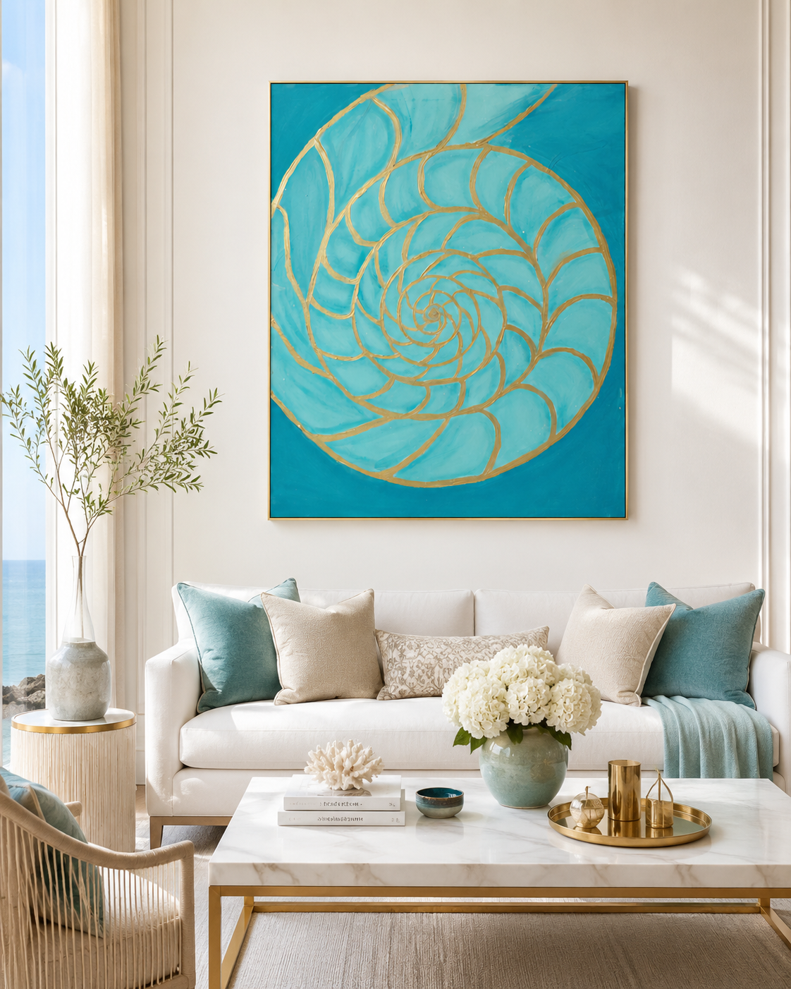 Azure Nautilus by Tarana Sumer, original acrylic and gold leaf canvas artwork with turquoise nautilus form for refined interiors.