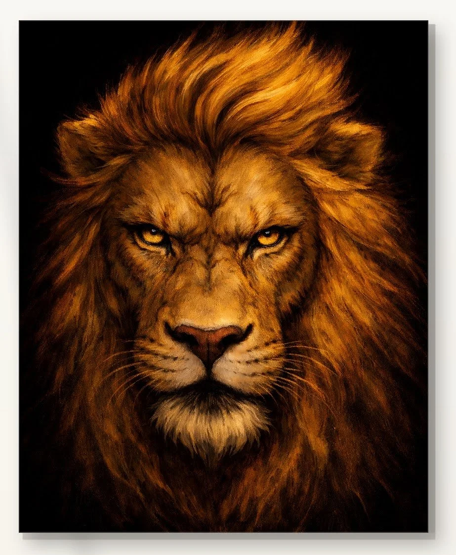 Lion by Tarana Sumer, limited hybrid fine art canvas print with a powerful lion portrait in warm golden tones.