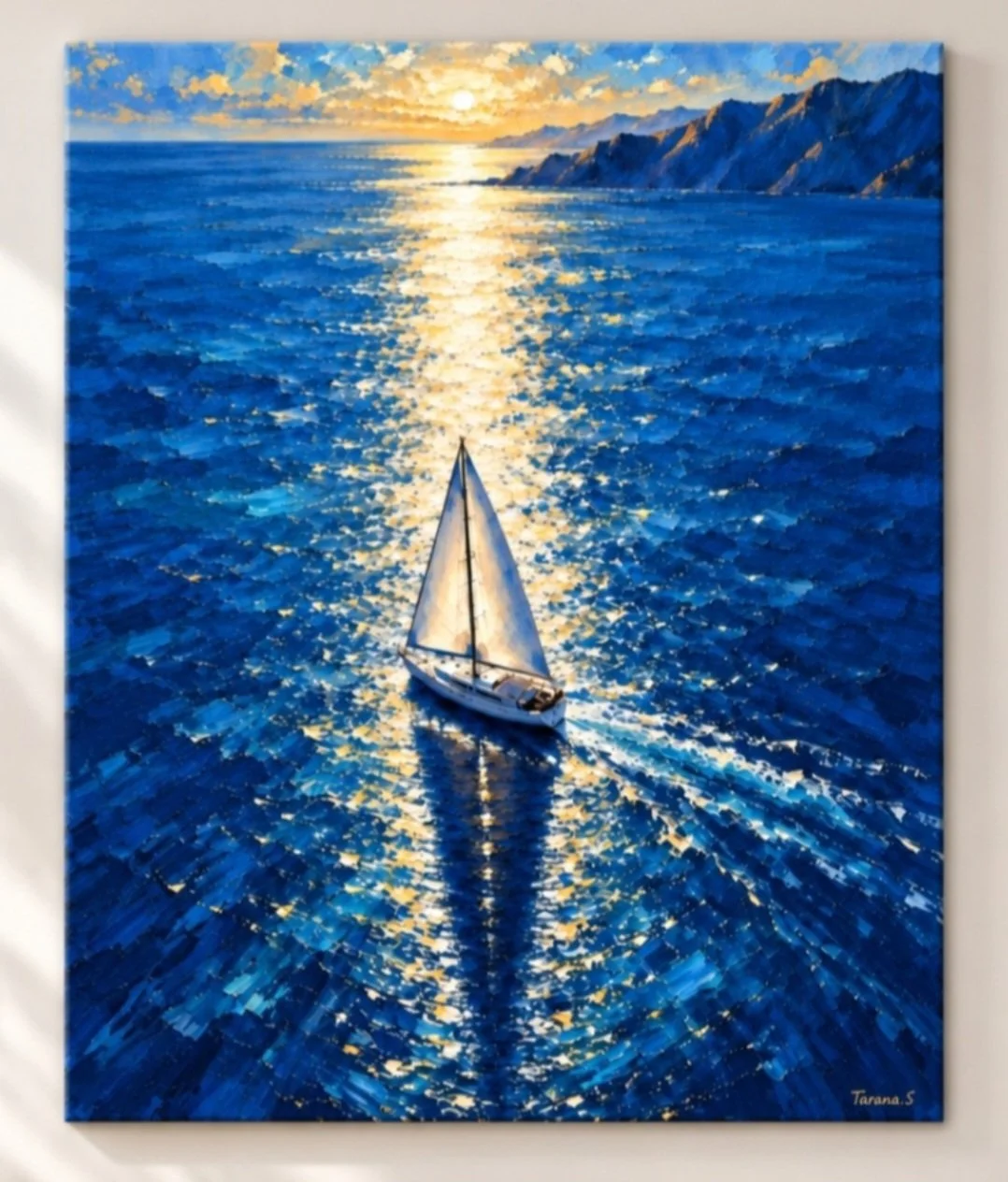 Where the Light Leads, an original 100 × 120 cm acrylic painting by Tarana Sumer, depicting a sailboat moving across a luminous blue and gold Aegean sea.