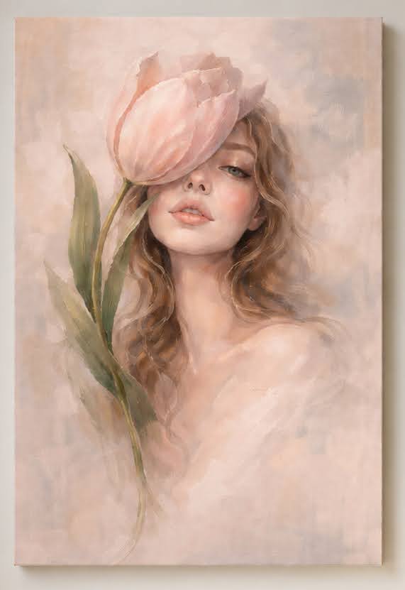 Veil of Bloom by Tarana Sumer, limited hybrid fine art canvas print featuring a soft female portrait with a pink tulip, blush tones, and contemporary floral atmosphere for refined interiors and private collections.