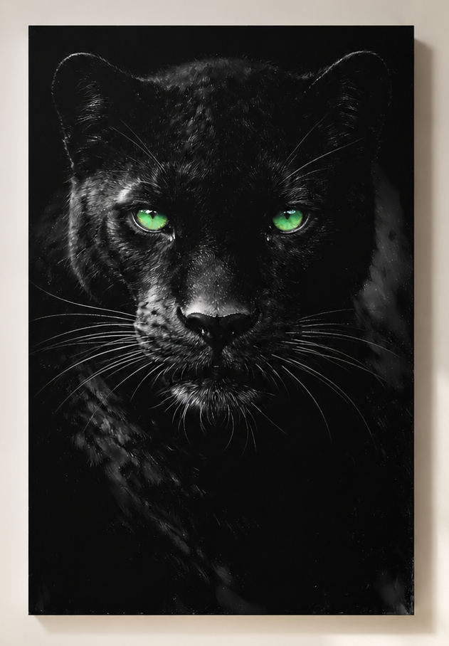 Emerald Nocturne — Panther by Tarana Sumer, limited hybrid fine art canvas print with a black panther and emerald eyes.
