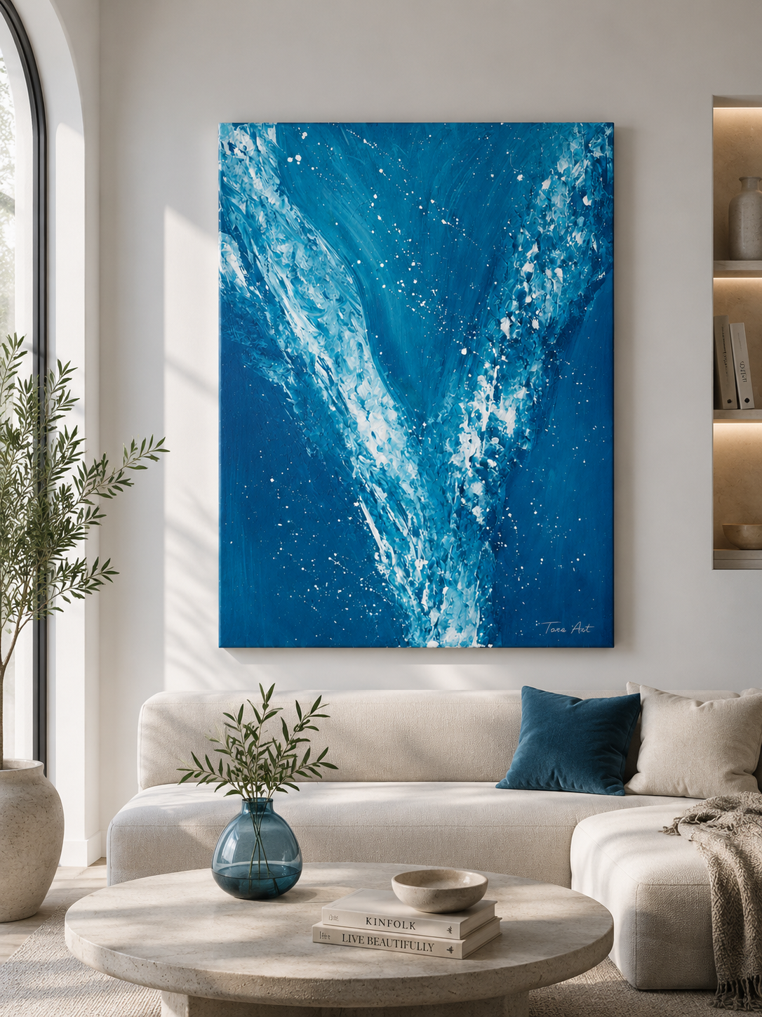 Turquoise Ascension by Tarana Sumer, original acrylic canvas artwork with turquoise abstract movement for refined interiors.