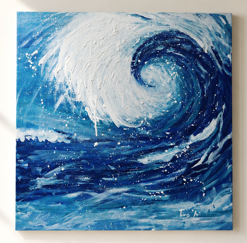Ocean Vibes by Tarana Sumer, original acrylic and gold leaf canvas artwork with expressive ocean waves for refined interiors.