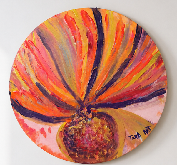 Solar Bloom by Tarana Sumer, original acrylic round canvas artwork with vibrant floral energy for refined interiors.