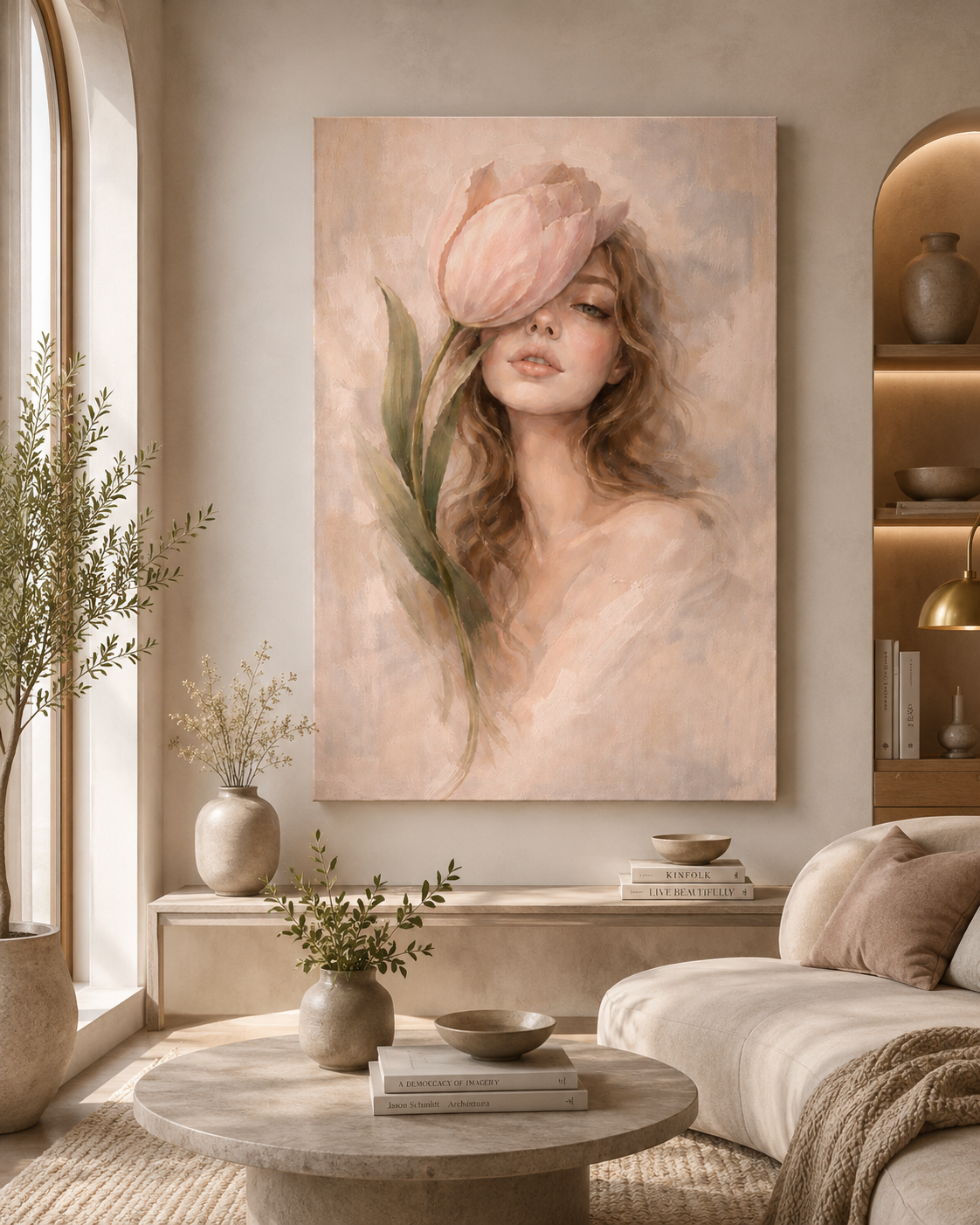 Veil of Bloom by Tarana Sumer, limited hybrid fine art canvas print with a soft floral female portrait for refined interiors.