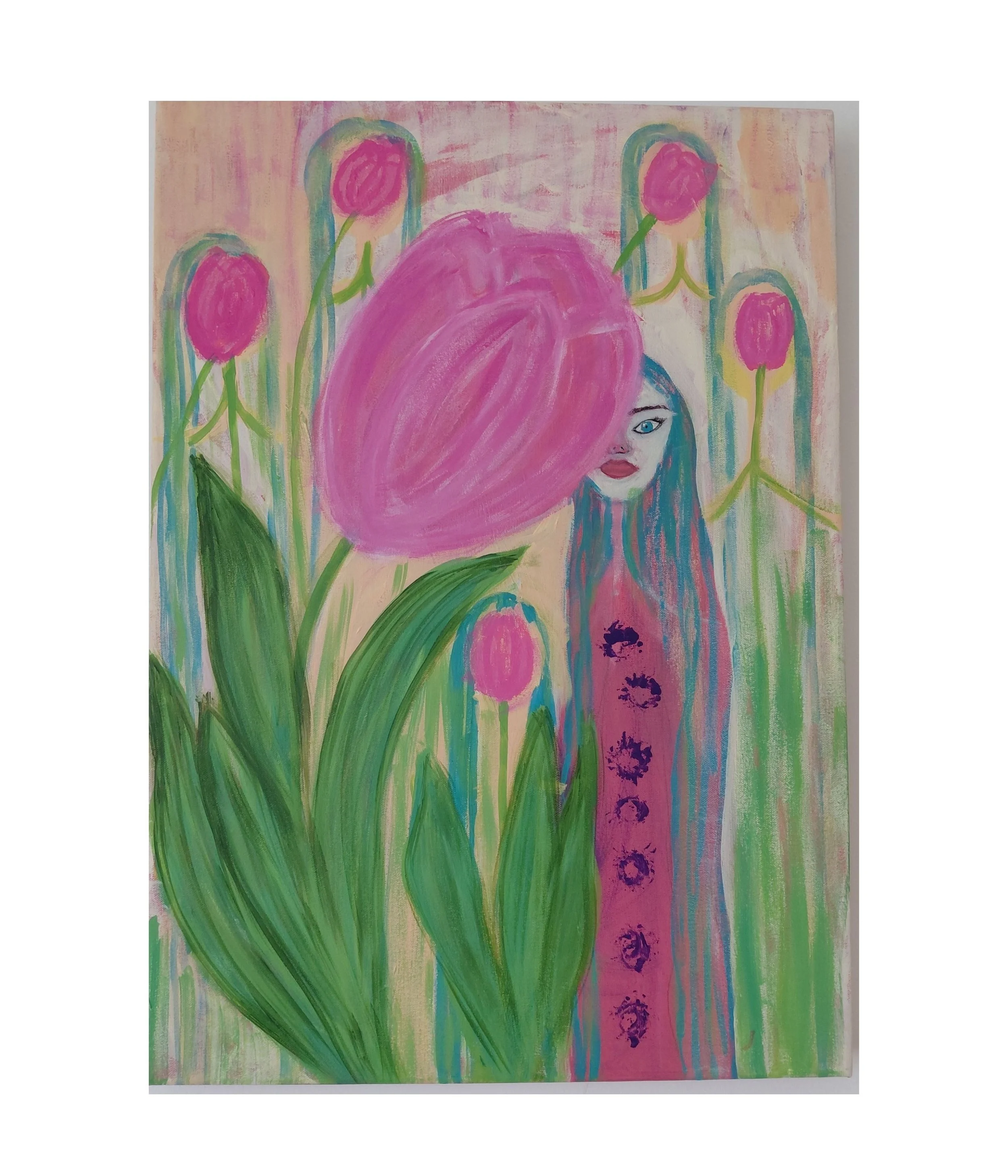 Contemporary tulip painting featuring an expressive female figure among pink tulips, textured acrylic artwork by Tarana Sümer.