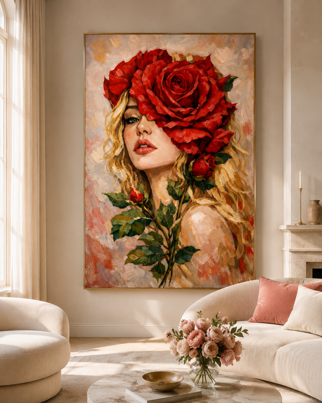 The Red Bloom by Tarana Sumer, limited hybrid fine art canvas print with a bold floral female portrait for refined interiors.