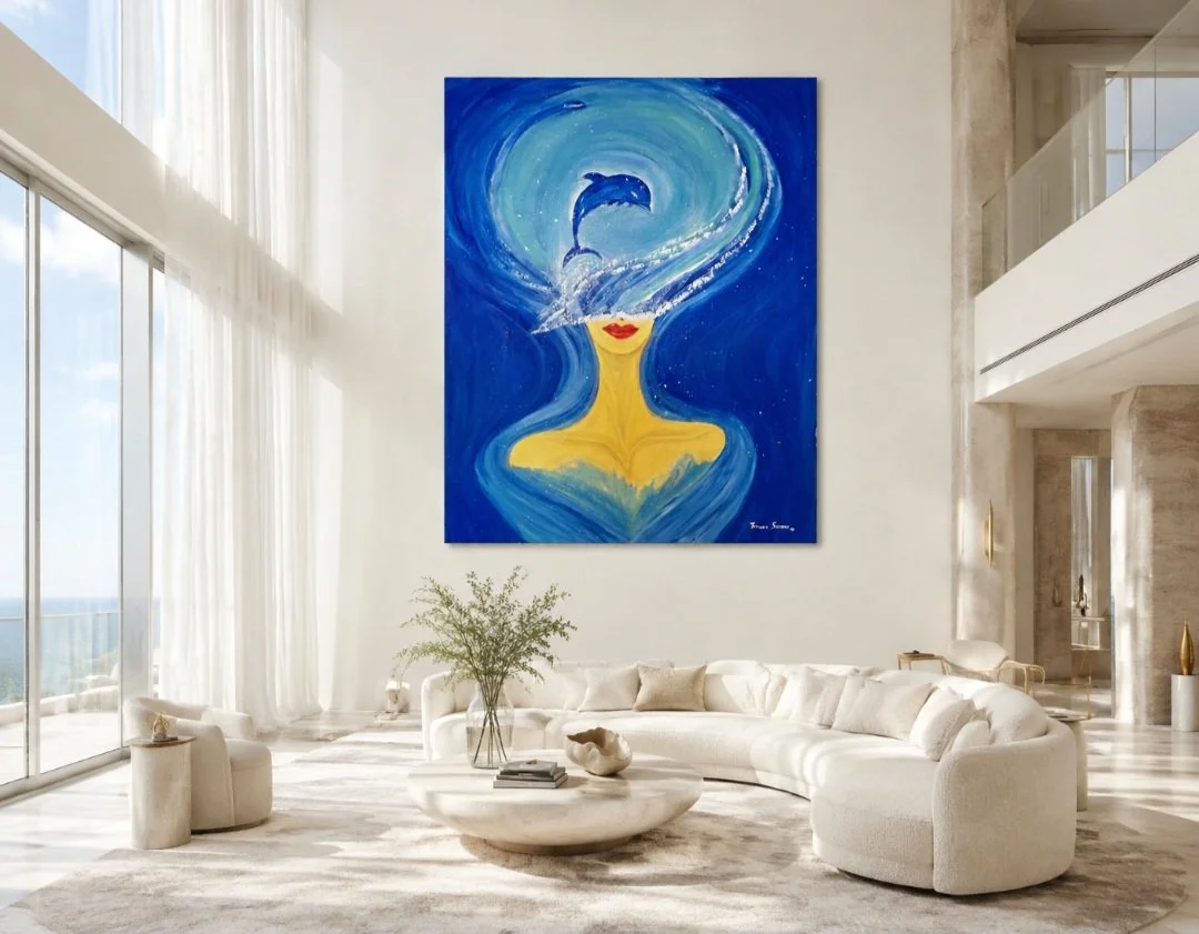 The Sea Remembers Her, an original acrylic painting by contemporary artist Tarana Sumer, displayed in a bright luxury interior.