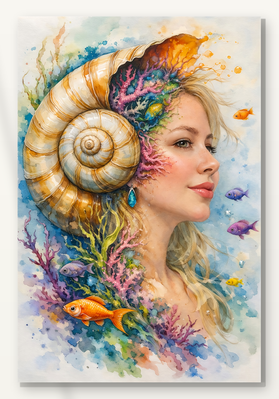 Silent Depth — Beneath the Mind by Tarana Sumer, limited hybrid fine art canvas print with a marine female portrait.