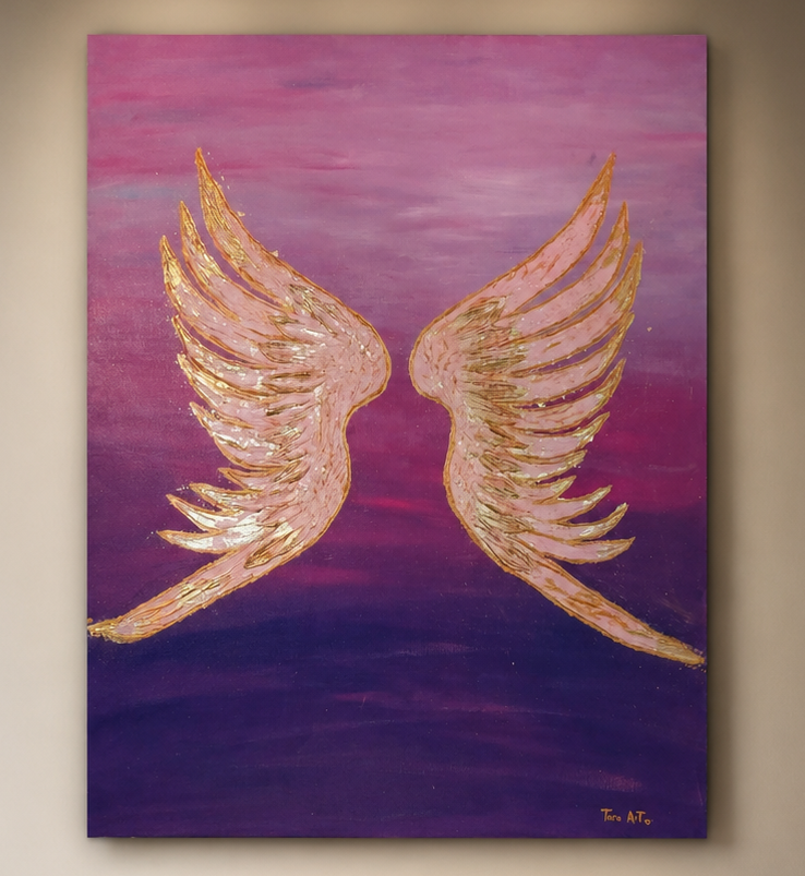 Golden Wings, an 80 × 100 cm original textured acrylic painting on canvas by Tarana Sumer, featuring luminous gold and pink angel wings on a deep purple and magenta background.