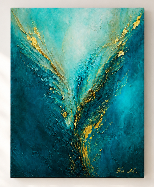 Aurea Bloom by Tarana Sumer, original textured acrylic and gold leaf canvas artwork with turquoise abstract movement for refined interiors.