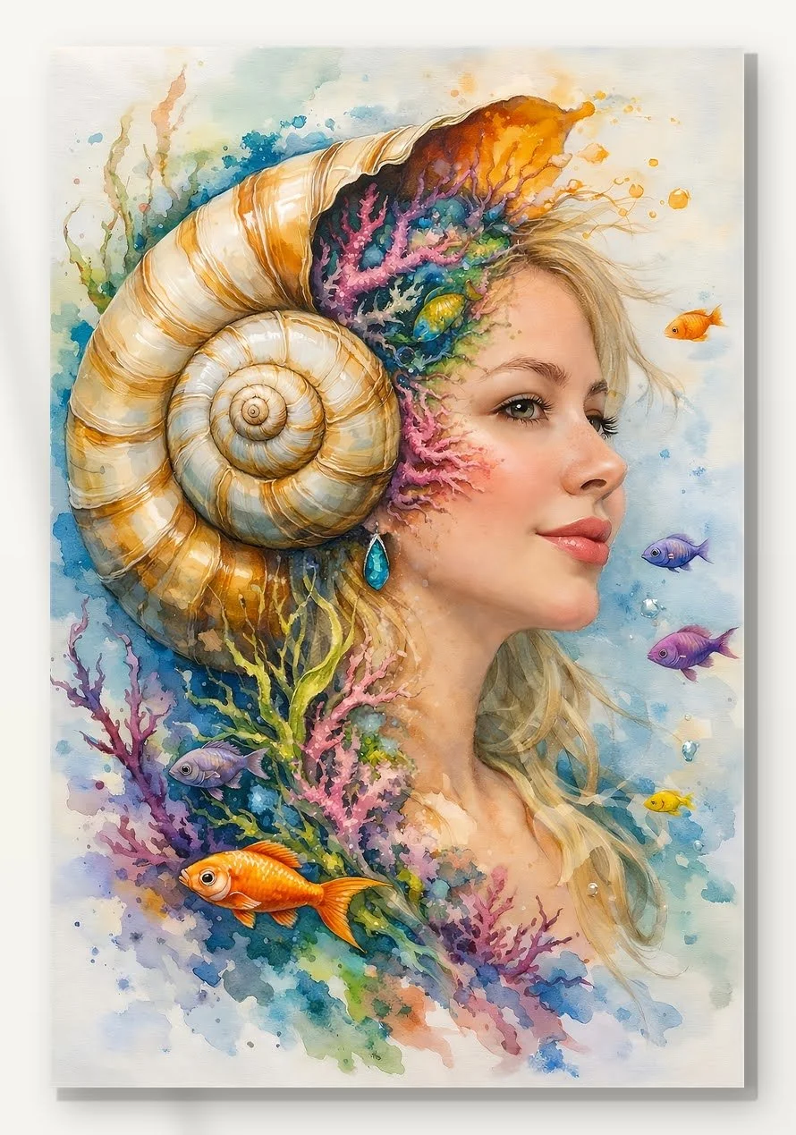 Silent Depth — Beneath the Mind by Tarana Sumer, limited hybrid fine art canvas print with ocean portrait, shell and reef tones.