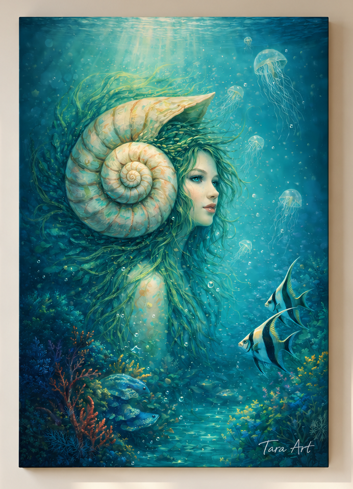 Abyssal Reverie by Tarana Sumer, limited hybrid fine art canvas print with an underwater female portrait for refined interiors.
