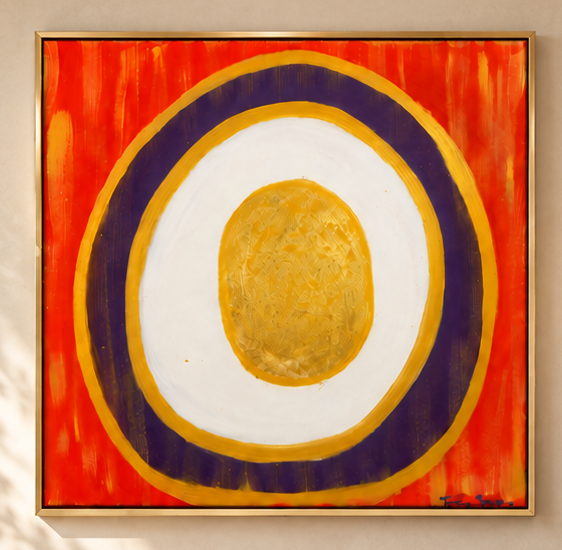 Inner Orbit by Tarana Sümer, contemporary abstract artwork featuring a gold-leaf egg-shaped center surrounded by ivory, purple, and gold rings against a crimson background.