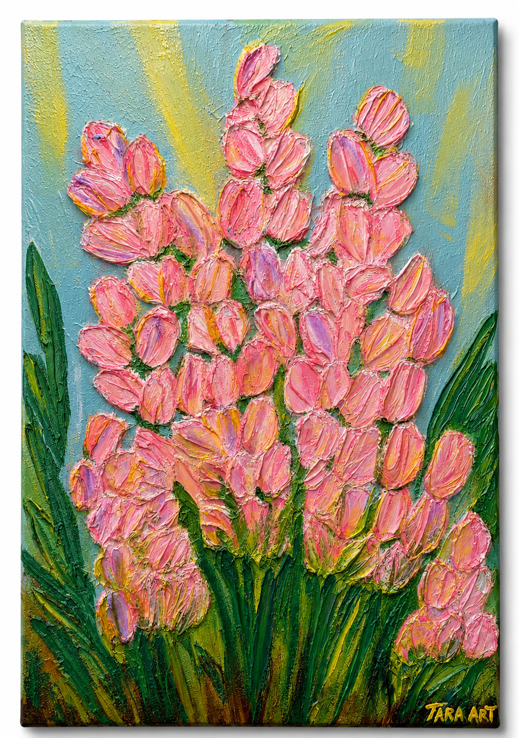Soft Tulips by Tarana Sumer, original textured acrylic canvas artwork with pink tulips for refined interiors.