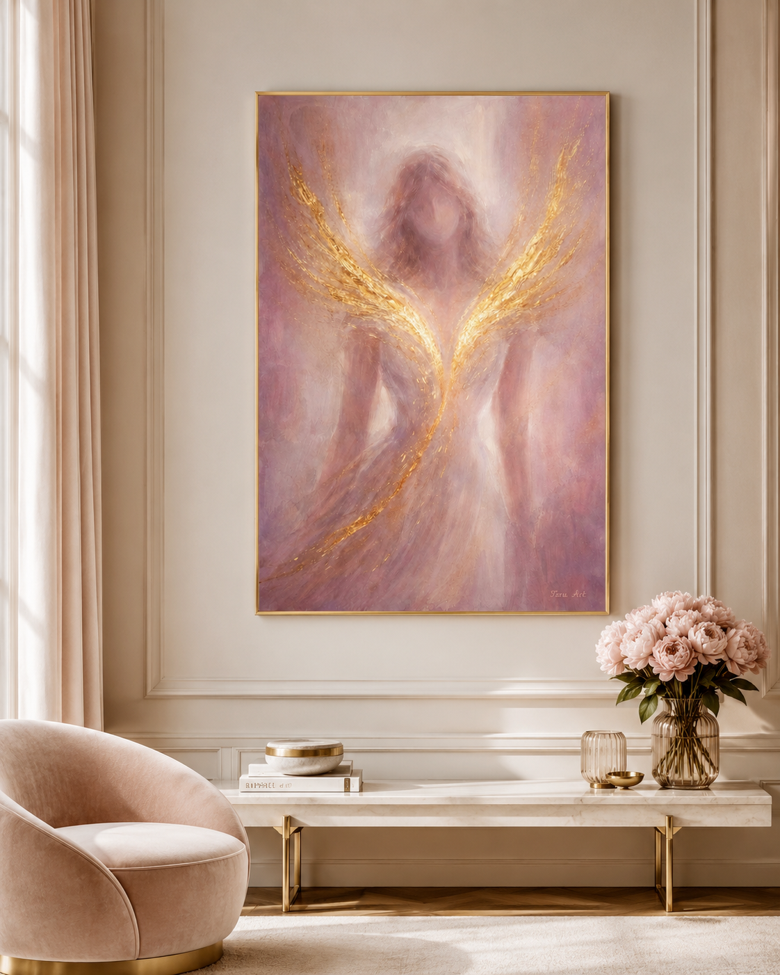 Limited hybrid fine art edition by Tarana Sumer featuring a feminine abstract figure with gold accents, created for refined interiors and private collections.