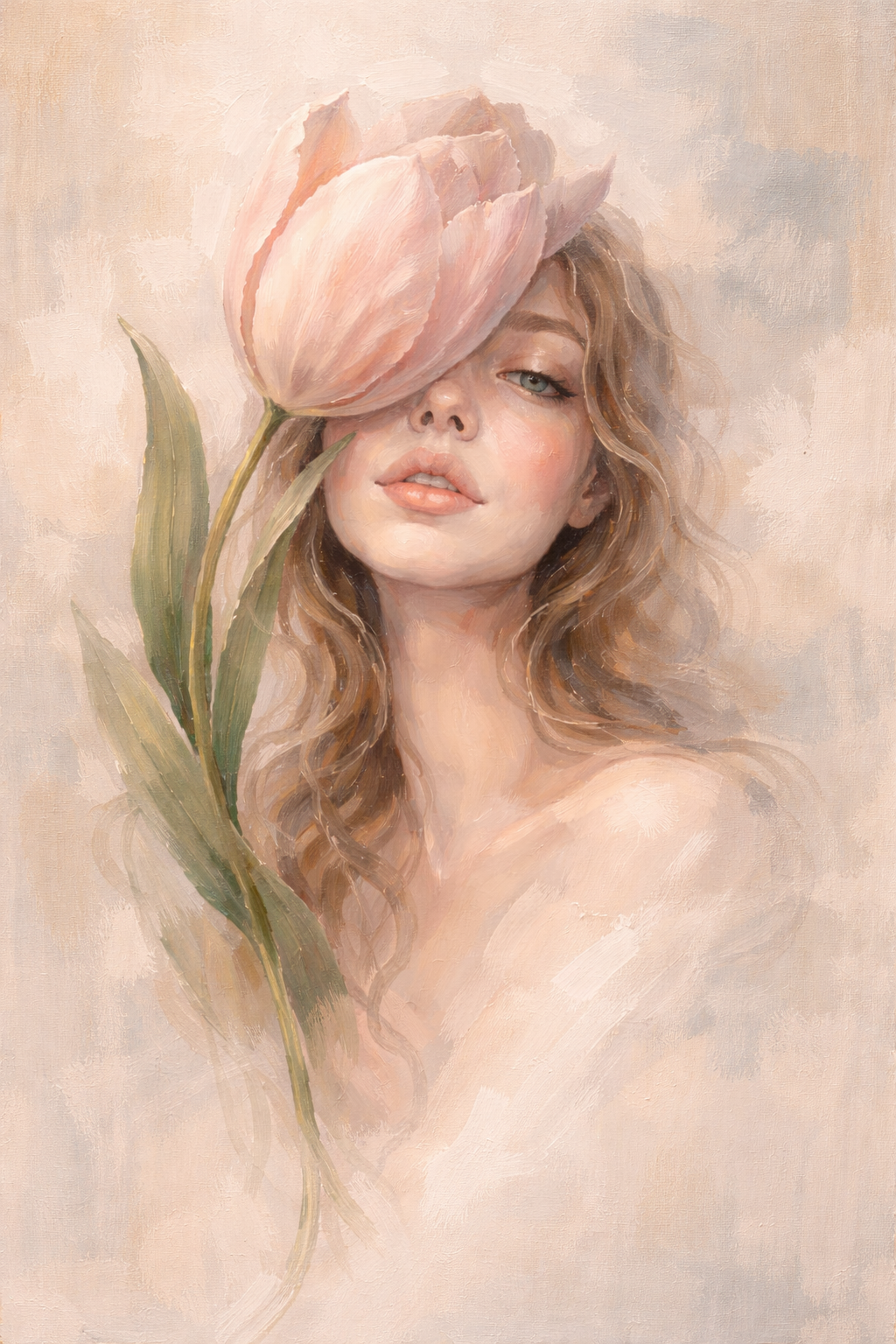 Veil of Bloom by Tarana Sumer — hybrid fine art portrait of a woman partially covered by a soft pink tulip, in delicate blush tones