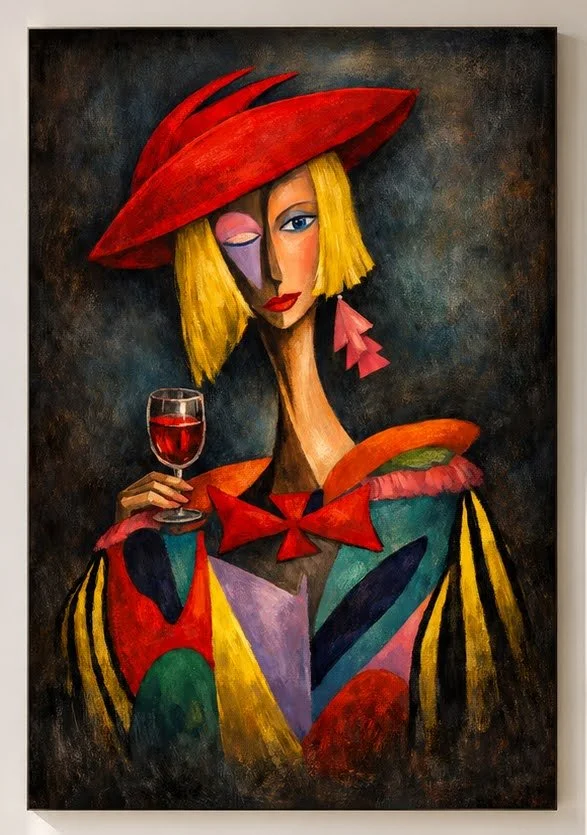 Crimson Sovereign by Tarana Sumer, limited hybrid fine art canvas print featuring a stylized female portrait with a red hat and wine glass, bold crimson, gold, and deep blue tones, contemporary artwork for refined interiors and private collections.