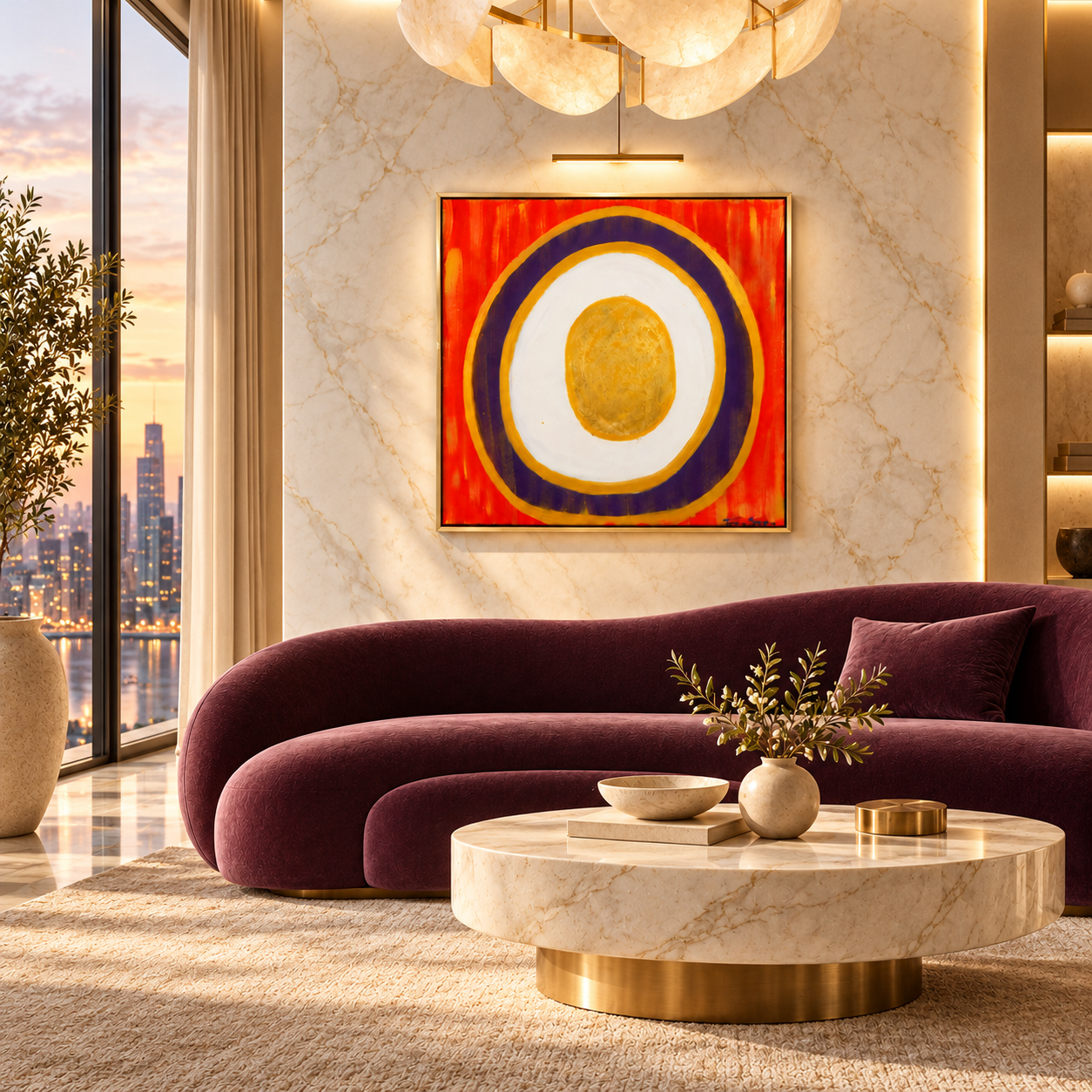 Inner Orbit by Tarana Sümer, contemporary abstract artwork featuring a gold-leaf egg-shaped center surrounded by ivory, purple, and gold rings against a crimson background.