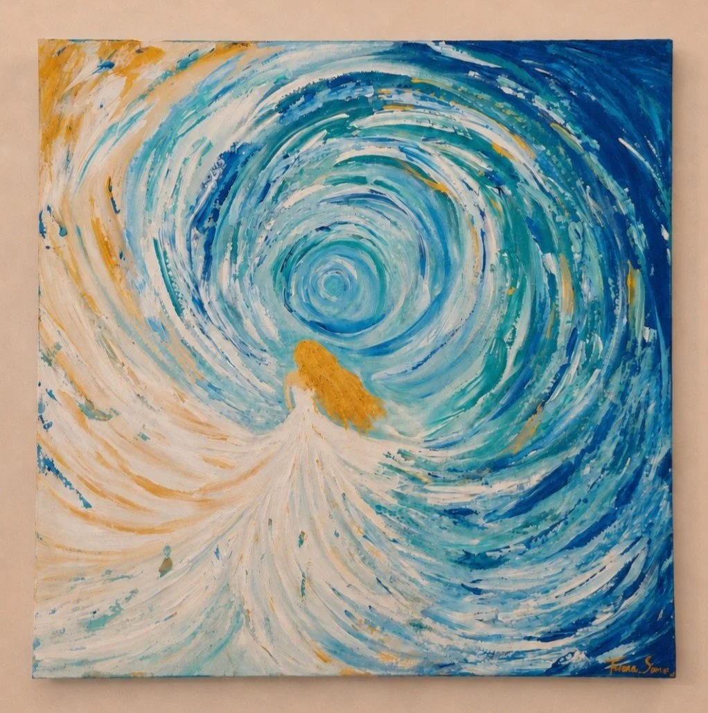 “Aurelia Rising” by Tarana Sumer, an abstract artwork depicting a woman in a flowing white dress walking toward a swirling blue, white and gold vortex.