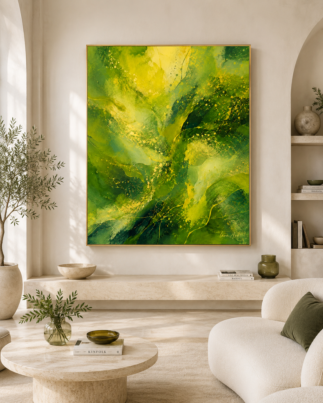 Verdant Pulse by Tarana Sumer, original acrylic and gold leaf canvas artwork with green abstract movement for refined interiors.