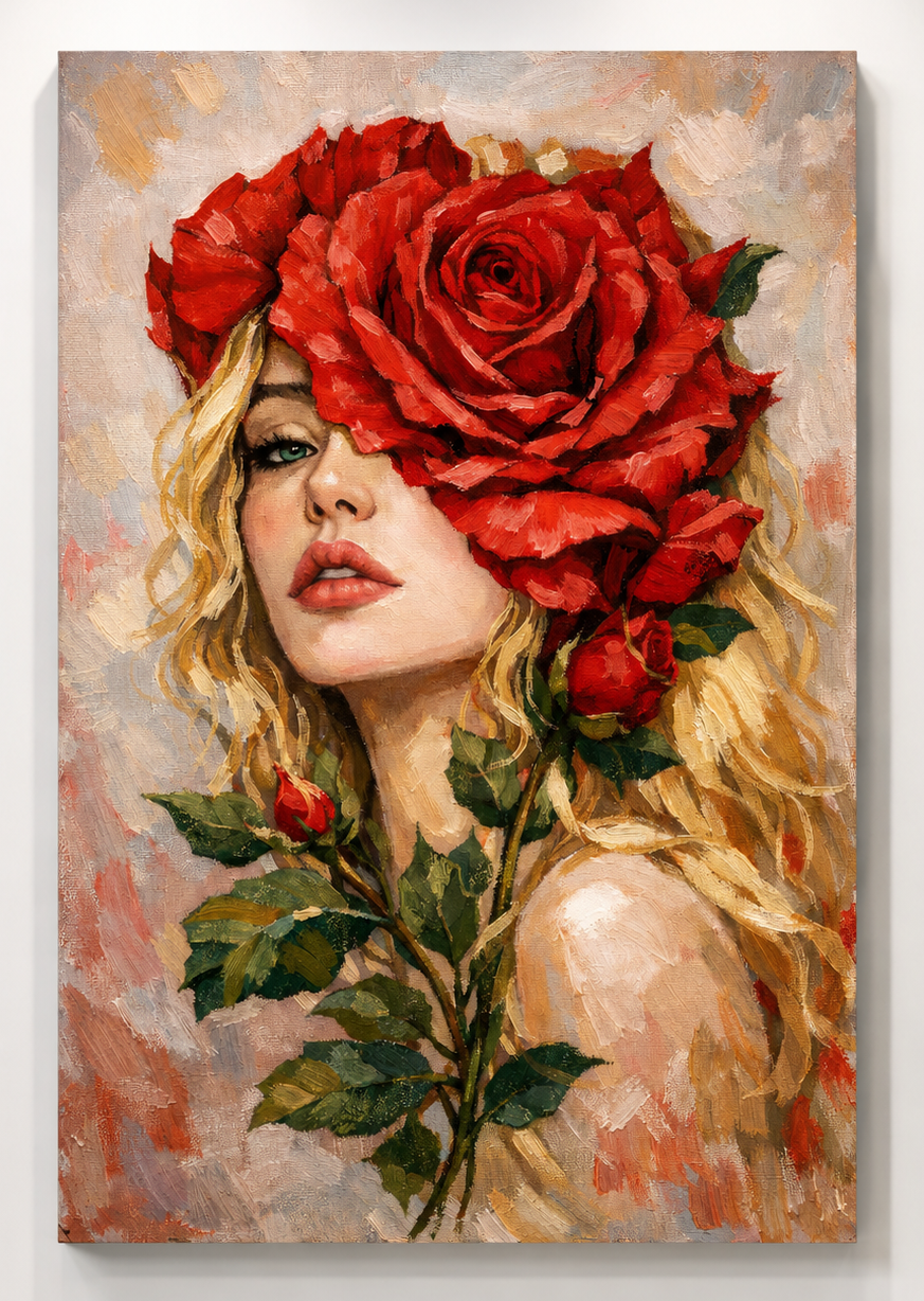 The Red Bloom by Tarana Sumer, limited hybrid fine art canvas print with a bold floral female portrait for refined interiors.
