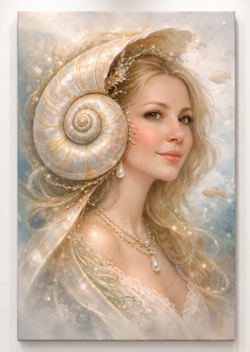 Girl with the Pearl by Tarana Sumer, limited hybrid fine art canvas print with luminous shell, ivory-gold tones for refined interiors.