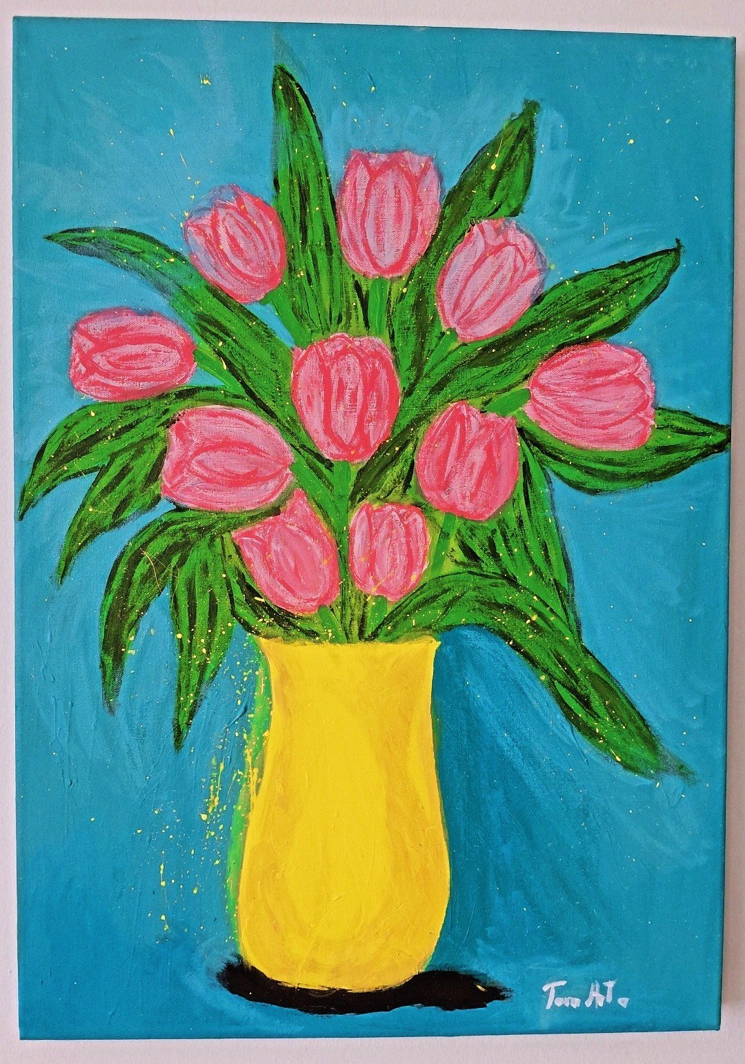 Original acrylic painting of pink tulips in a yellow vase by Tarana Sumer