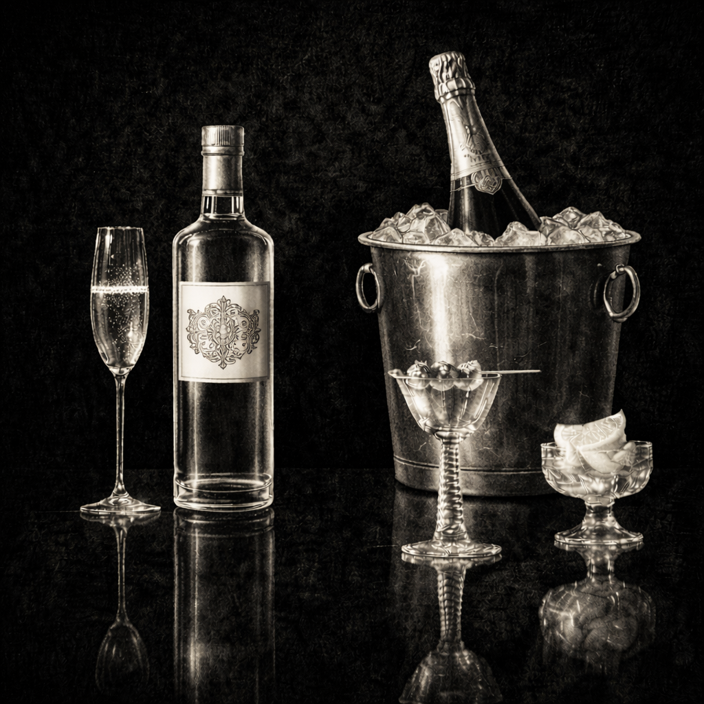 Elegant cocktail setup with vodka and champagne.png