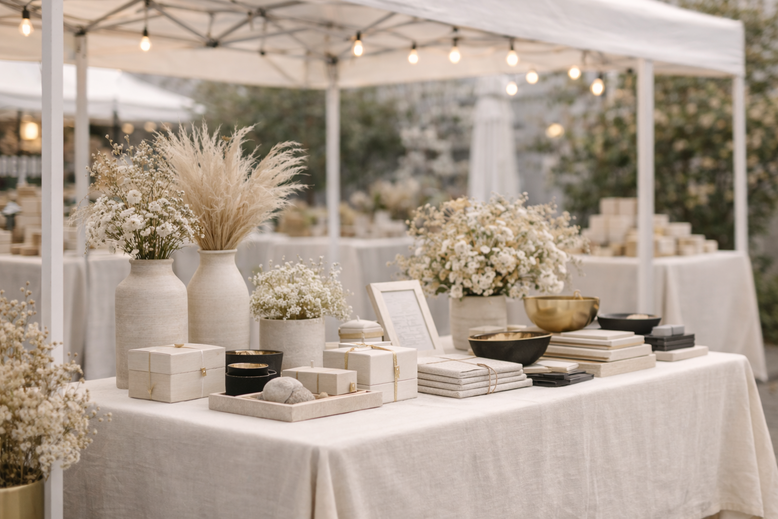 Decorative wedding or event table with white linens, featuring vases with dried and fresh flowers, small wrapped gift boxes, and black and gold bowls, under a white canopy with string lights.