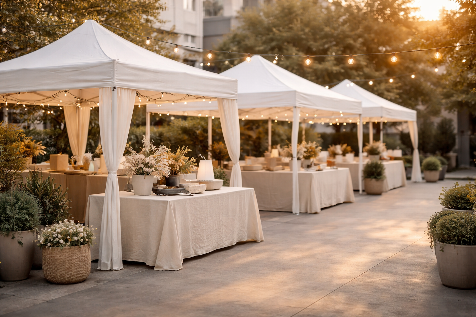 Outdoor event setup with white tents, tables with beige tablecloths, floral arrangements, and string lights during sunset.