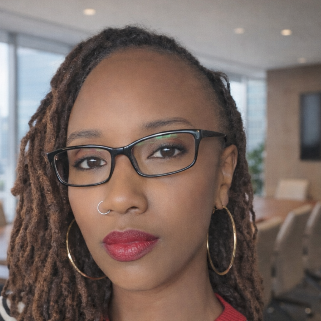 Close-up portrait of a woman with dreadlocks, wearing glasses, hoop earrings, a nose ring, and red lipstick, in a modern office setting.