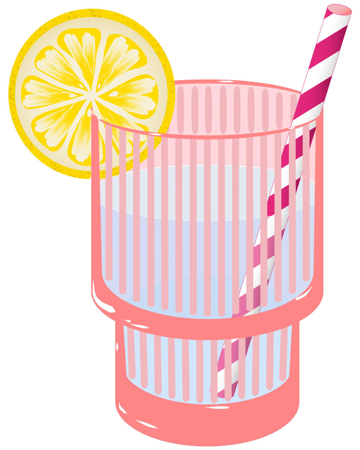 A graphic of a fluted glass filled with water. In the glass is a pink and white striped straw and a lemon slice is placed on the rim.