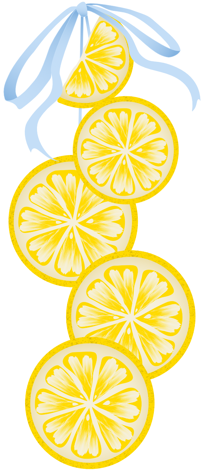 A graphic of five lemon slices stacked vertically and being tied together by a blue ribbon at the top.