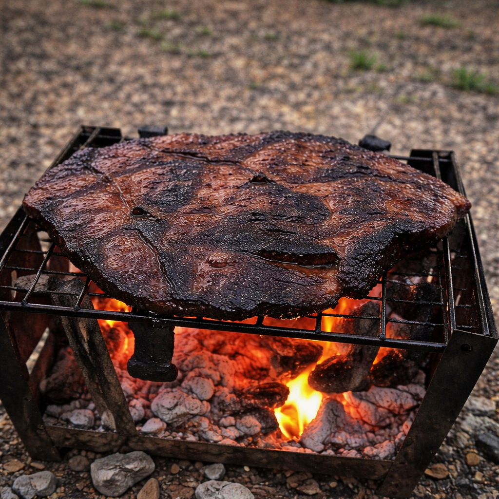 A large piece of meat cooking over an open flame on a grill, with glowing red and orange coals underneath.