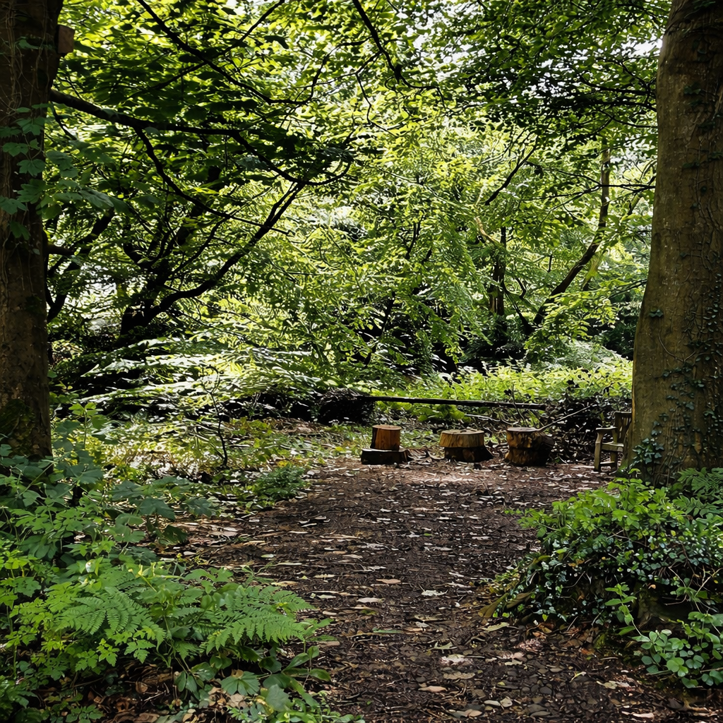 A peaceful forest scene with a dirt path surrounded by lush green foliage and large trees. Three wooden stumps are placed along the path, and sunlight filters through the leaves overhead.
