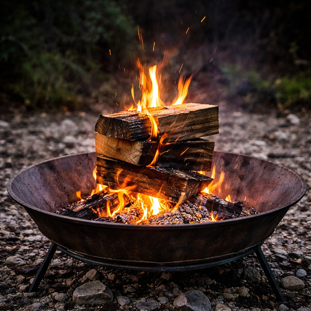 Fire burning in a metal fire pit outdoors on a rocky ground.
