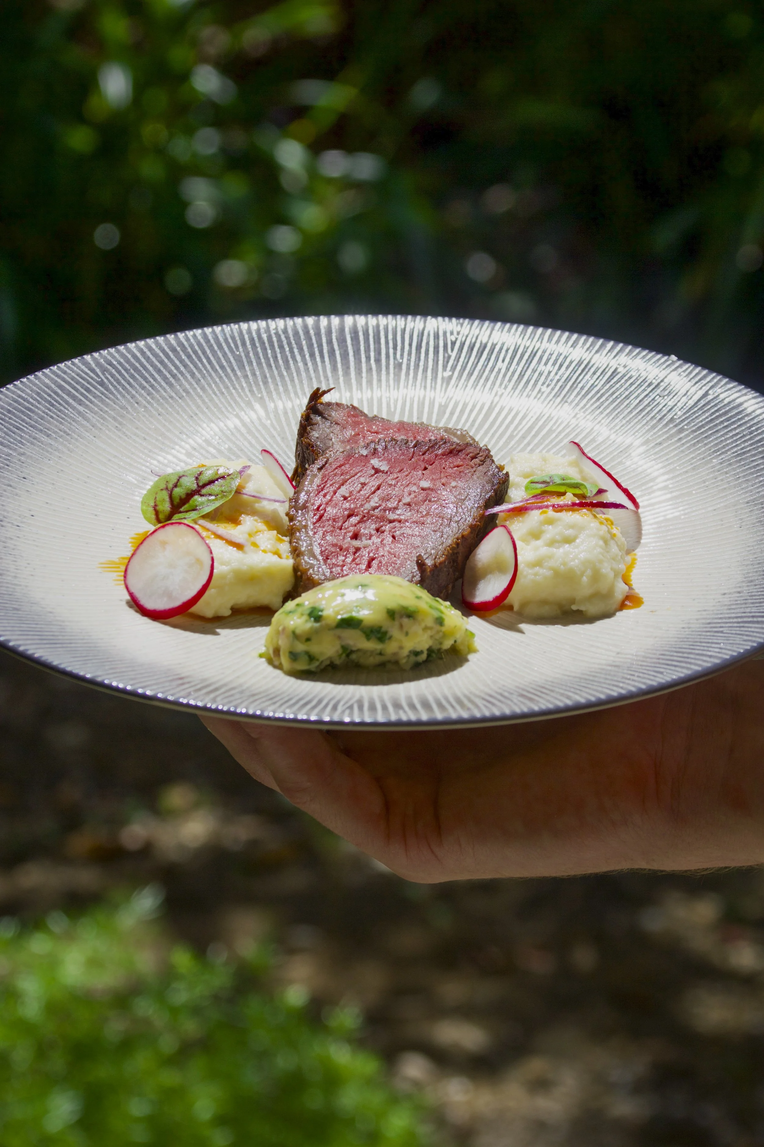 Assiette gastronomique avec pièce de viande rouge, purée, petits légumes, radis et sauce, présentée de manière élégante.