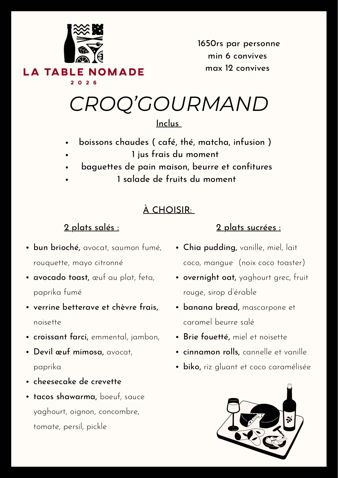 Menu avec liste d'options de plats à choix, incluant des plats salés et sucrés, et illustration d'une planche de fromage avec un verre de vin et une bouteille.