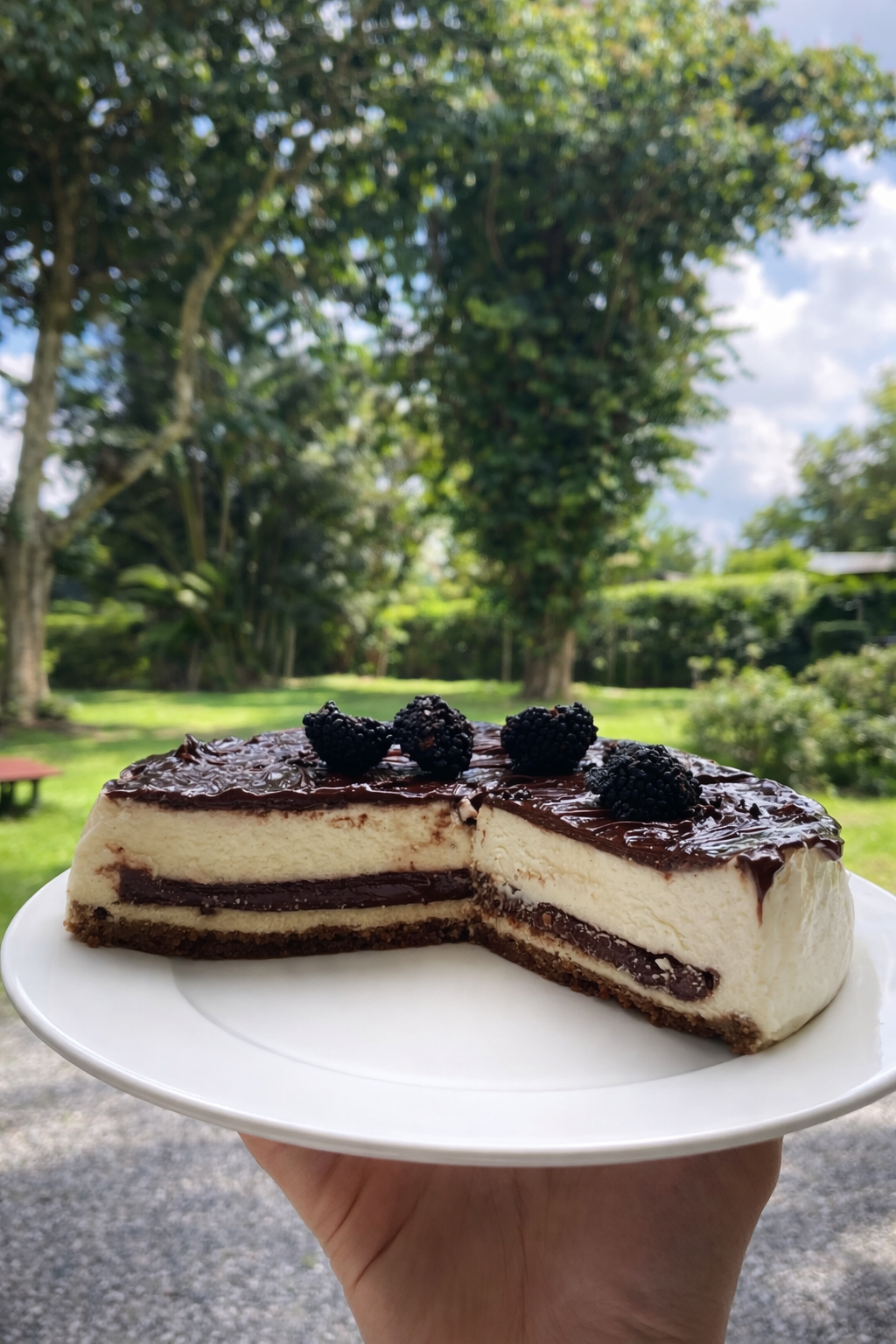Partie d'un gâteau à la crème avec une couche de chocolat et des mûres sur le dessus, tenu sur une assiette blanche, avec un fond de jardin avec des arbres et un ciel partiellement nuageux.