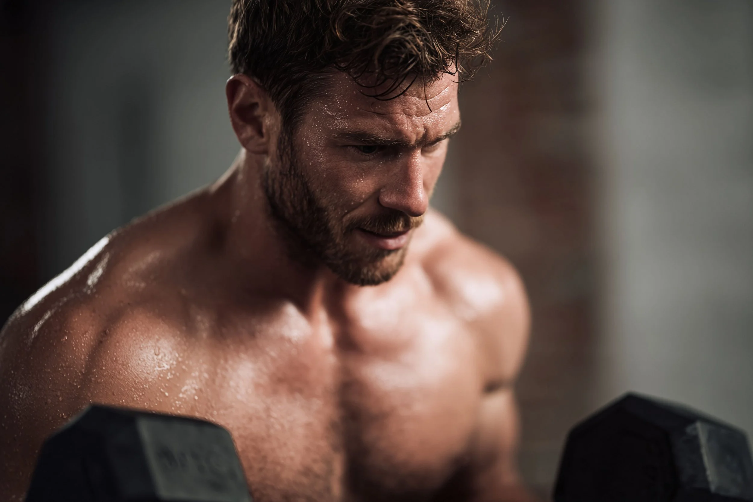A shirtless man with a beard and sweaty hair is lifting dumbbells in a gym.