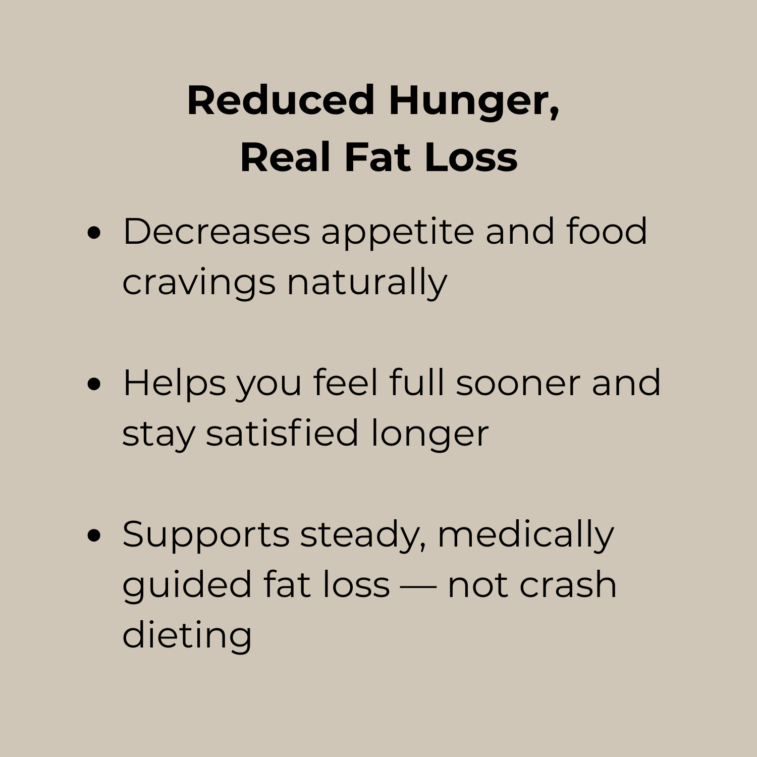 A presentation slide about health benefits of reducing hunger, including decreased appetite, feeling full sooner, and supporting steady, medically guided fat loss.