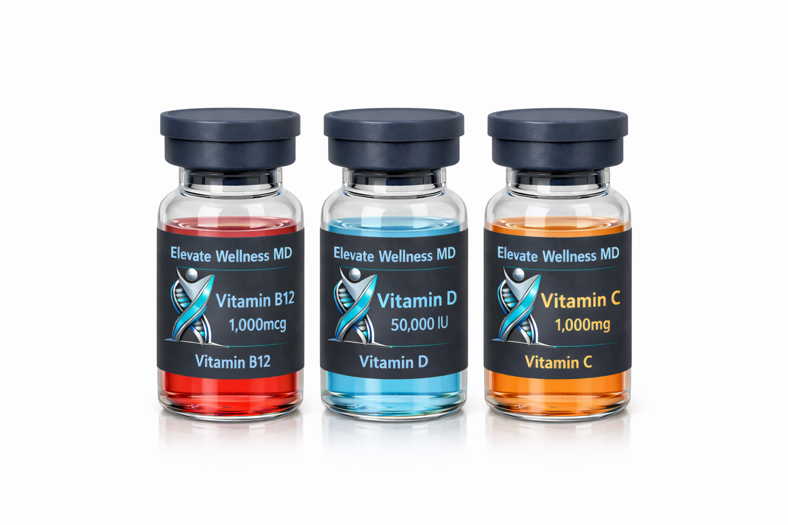 Three bottles of dietary supplements labeled Vitamin B12, Vitamin D, and Vitamin C from Elevate Wellness MD, each containing colorful liquids.